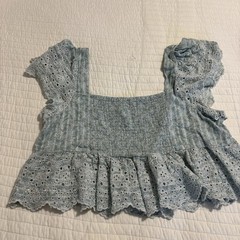 America Eagle Blue Plaid Eyelet Crop Top Flutter Sleeve Babydoll Cottagecore XL