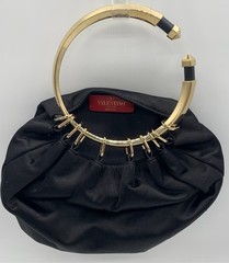 VALENTINO GARAVANI ‘Bebop’ Black satin Clutch Bag w/ gold Ring Loop Handle