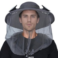 Solar Fan Hat With Mosquito Net Men Wide Brim Fishing Outdoor Bucket Sun Hat Cap