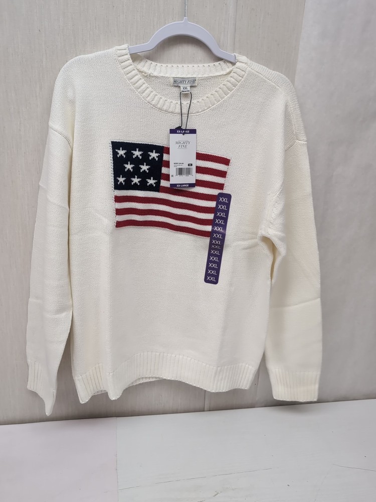 Wmns Mighty Fine Midweight Crew Neck Americana Sweater Cream Flag Sz 2XL