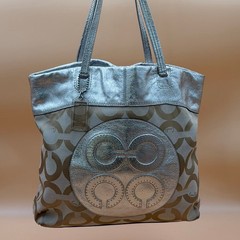 Coach Signature Metallic Silver & Khaki Canvas Tote Bag Rare Transparent HangTag
