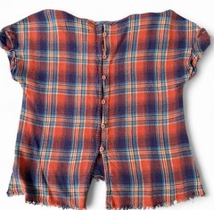 Cloth & Stone Red Blue Plaid Button Back Fringe Raw Hem Blouse Women S