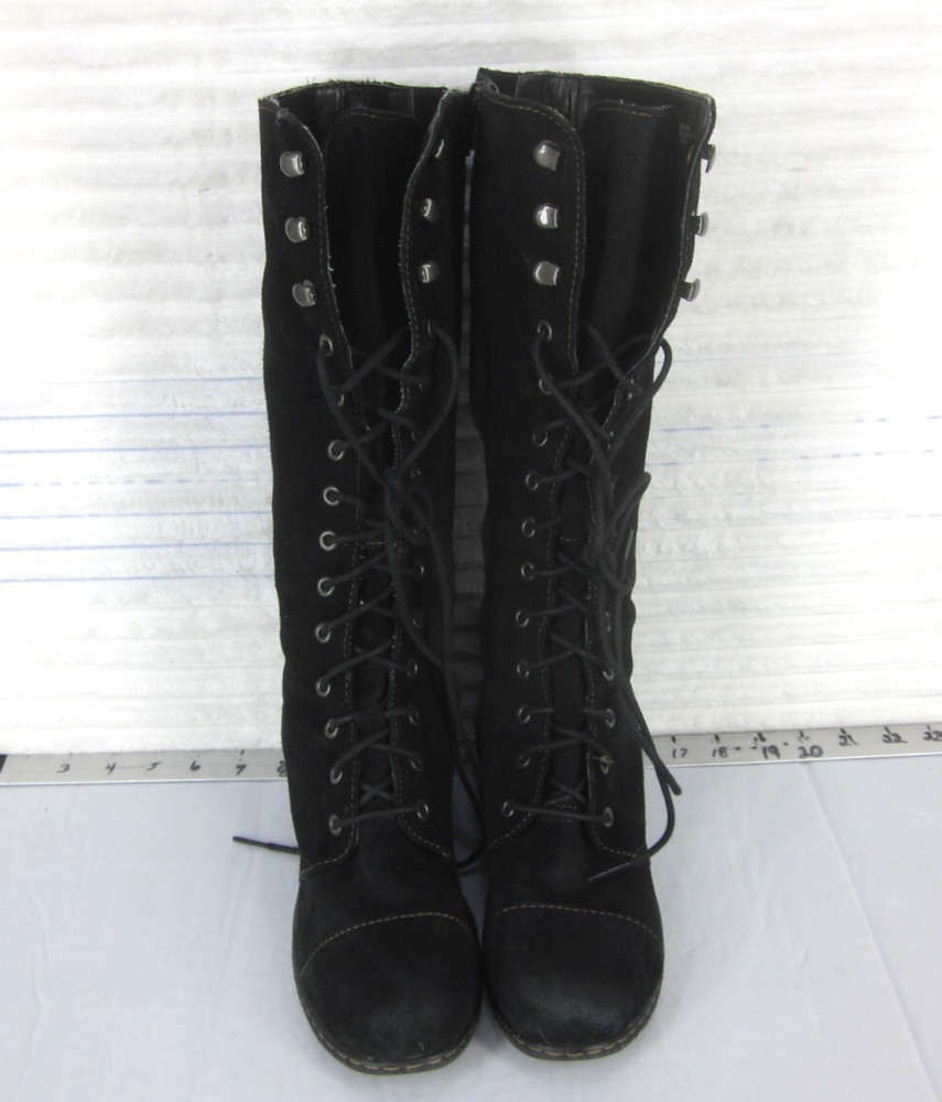 BORN BOC Women’s Black Suede Leather High Calf ZIP Wedge Heel BOOTS 7M US 38 EU