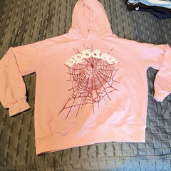 SP5DER Pink Spiderweb Graphic Pullover Hoodie Fleece Cotton men’s L