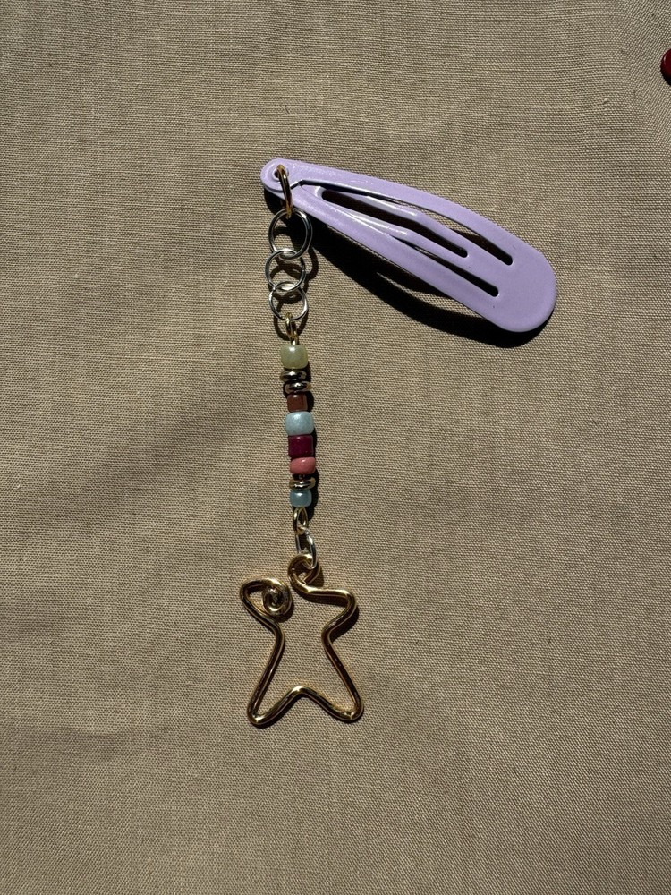 Pink & Gold Snap Hair Clip Barrette w/ Beaded Chain & Star Dangle Charm