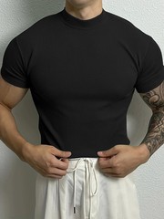 Men Ribbed Mock Neck T Shirt Slim Fit Muscle Short Sleeve Casual Fitness Tops