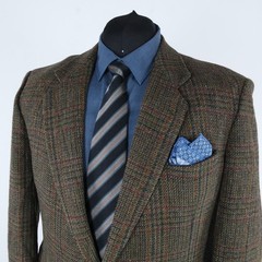 Mens Check HARRIS TWEED Jacket 50R US Size Dark Green Wool Sport Coat Blazer