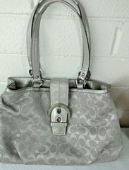 COACH TOTE SILVER SIGNATURE C JACQUARD/ LEATHER No. F18912 SATCHEL HANDBAG