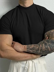 Men Ribbed Mock Neck T Shirt Slim Fit Muscle Short Sleeve Casual Fitness Tops