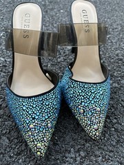 GUESS Women’s Pointed Toe Mule Heels Rhinestone Clear Strap Slip-On 6