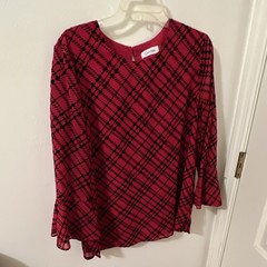 Calvin Klein Red Black Plaid Chiffon Round Neck Pullover Keyhole Blouse S