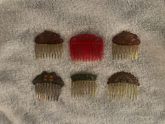 VINTAGE ORIENTAL DESIGNED HAIR COMBS, 1 HARD PLASTIC, OTHERS METAL FRONTS/BACKS