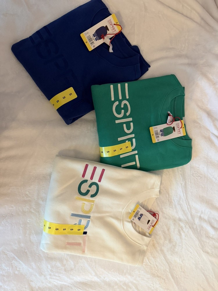 Lot of 3 NWT Esprit Logo Fleece Crewneck Sweatshirt Cream Blue Green 80’s sz S