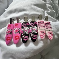 Mean girls custom Set of 6 Pink & Black Lip Print Alligator Hair Clips Metal