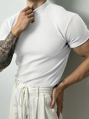 Men Ribbed Mock Neck T Shirt Slim Fit Muscle Short Sleeve Casual Fitness Tops