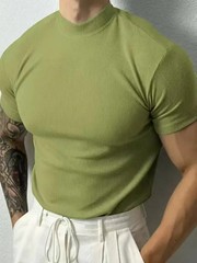 Men Ribbed Mock Neck T Shirt Slim Fit Muscle Short Sleeve Casual Fitness Tops