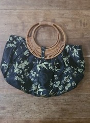 Vintage Round Wicker Handle Handbag Purse Asian Floral Print Loop Button Closure