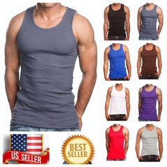 Men S-5XL 100% Cotton Tank Top T-Shirt A-Shirt Muscle Ribbed Wife Beater Tee Gym
