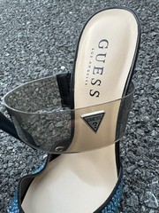 GUESS Women’s Pointed Toe Mule Heels Rhinestone Clear Strap Slip-On 6