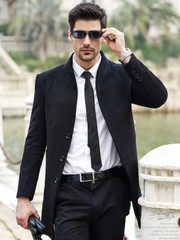 Men’s Wool Blend Mid Length Jacket Formal Stand Collar Slim Trench Coat Oversize