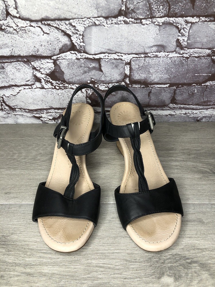 UGG Black Leather Casual Cork Wedge Ankle Strap Sandals Women’s Sz 7M US/38EU