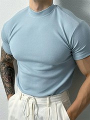 Men Ribbed Mock Neck T Shirt Slim Fit Muscle Short Sleeve Casual Fitness Tops