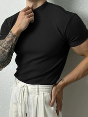 Men Ribbed Mock Neck T Shirt Slim Fit Muscle Short Sleeve Casual Fitness Tops