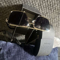 PRADA Men’s Square Sunglasses Gold Metal Frame Black Tinted Plastic Lenses