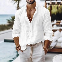 Men Cotton Linen Summer Beach Shirt Solid Color Breathable Button Top