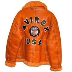Avirex USA Mens Orange Leather B-3 Bomber Shearling Flight Jacket Size S to 3XL