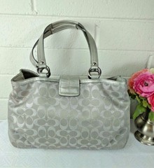 COACH TOTE SILVER SIGNATURE C JACQUARD/ LEATHER No. F18912 SATCHEL HANDBAG