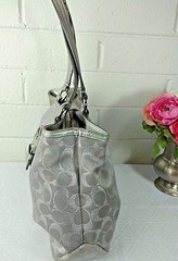 COACH TOTE SILVER SIGNATURE C JACQUARD/ LEATHER No. F18912 SATCHEL HANDBAG