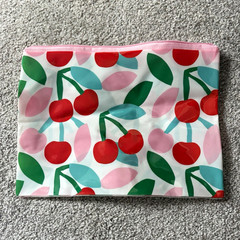 Clear Cherry Print Zip Pouch Cosmetic Bag Pink Trim Small Lightweight