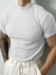 Men Ribbed Mock Neck T Shirt Slim Fit Muscle Short Sleeve Casual Fitness Tops