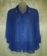 BONGO Women’s Blue Solid Sheer Lace Button-Up Collared 3/4 Sleeve Blouse L/G