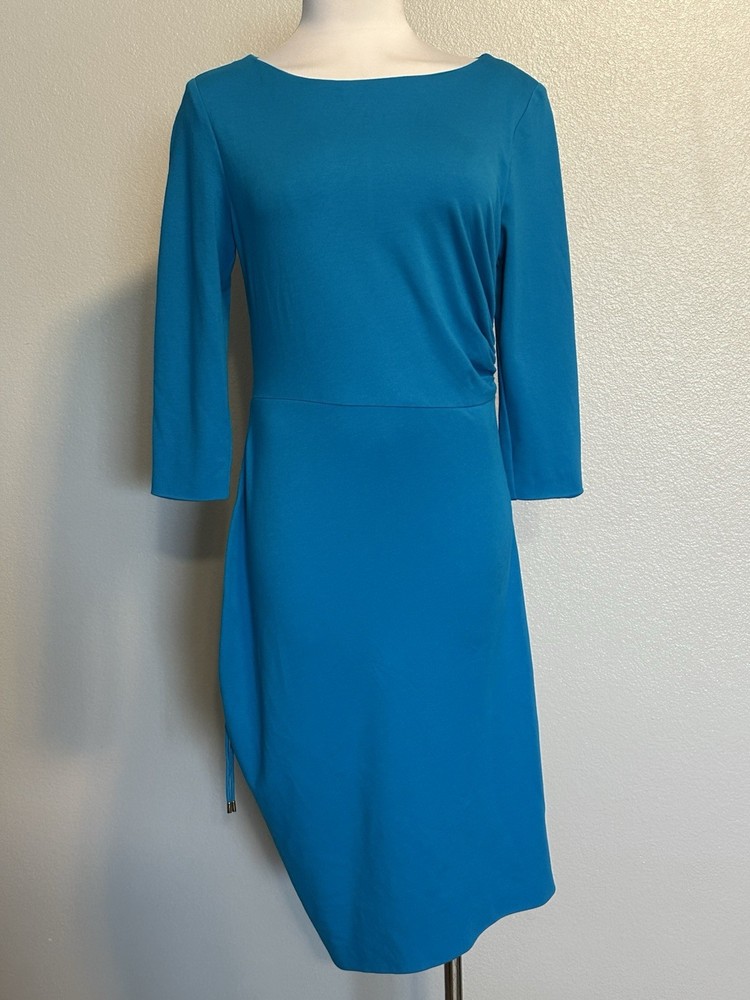ESCADA “Duqua”Lagoon Blue Stretch Viscose Knit Ruched Sheath Dress sz.M US 38 EU