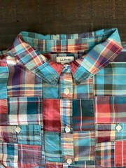 L.L. Bean Women’s Long-Sleeve Roll-Tab Plaid Shirt – Turquoise & Rust Large)
