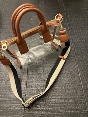 Clear Brown Trim Satchel Top Handle Zip Striped Adjustable Crossbody Strap
