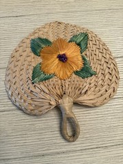 VINTAGE WOVEN BAMBOO HAND FAN SPADE SHAPED WITH GOLD FLOWERS & LOOP HANDLE