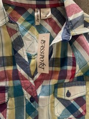 Passport Plaid Button-Up Collared Blouse w/ Pockets 3/4 Sleeve Multicolor M