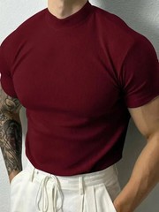 Men Ribbed Mock Neck T Shirt Slim Fit Muscle Short Sleeve Casual Fitness Tops