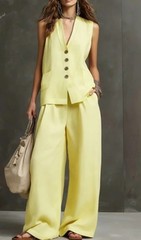 Women Solid Buttons Vest + Pocket Wide-leg Pants Suit Women Casual Two Piece Set