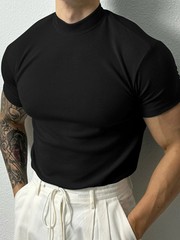 Men Ribbed Mock Neck T Shirt Slim Fit Muscle Short Sleeve Casual Fitness Tops