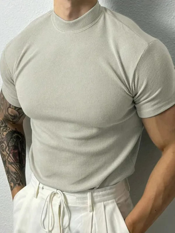 Men Ribbed Mock Neck T Shirt Slim Fit Muscle Short Sleeve Casual Fitness Tops