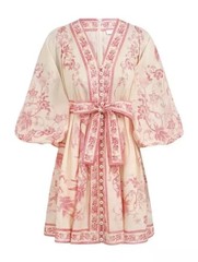 NWT Zimmermann Summer Resort VNeck Lantern Sleeve Floral Print Belted Mini Dress