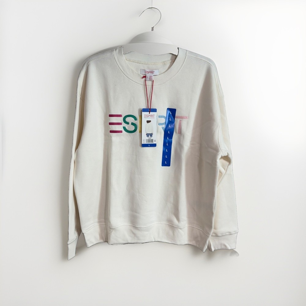 Esprit Women’s Logo Fleece Crewneck Sweatshirt Cream Viral 80’s Costco LARGE NEW