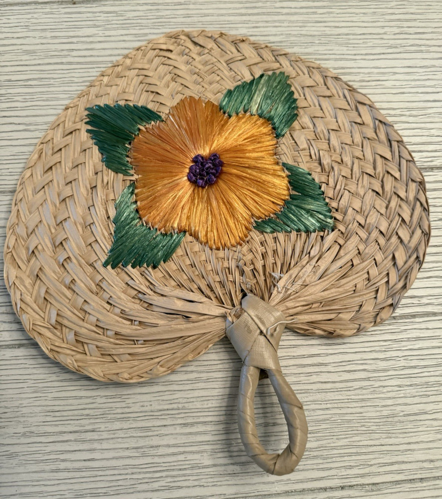 VINTAGE WOVEN BAMBOO HAND FAN SPADE SHAPED WITH GOLD FLOWERS & LOOP HANDLE