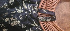 Vintage Round Wicker Handle Handbag Purse Asian Floral Print Loop Button Closure