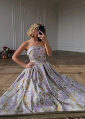 Strapless Lavender Floral Jacquard Ball Gown Formal Evening Prom Dresses