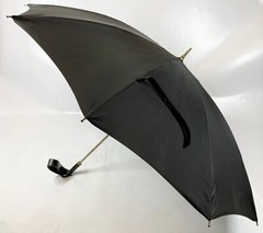 Vintage 36″ Black Leather Riding Crop Loop Handle Brass Frame Parasol Umbrella